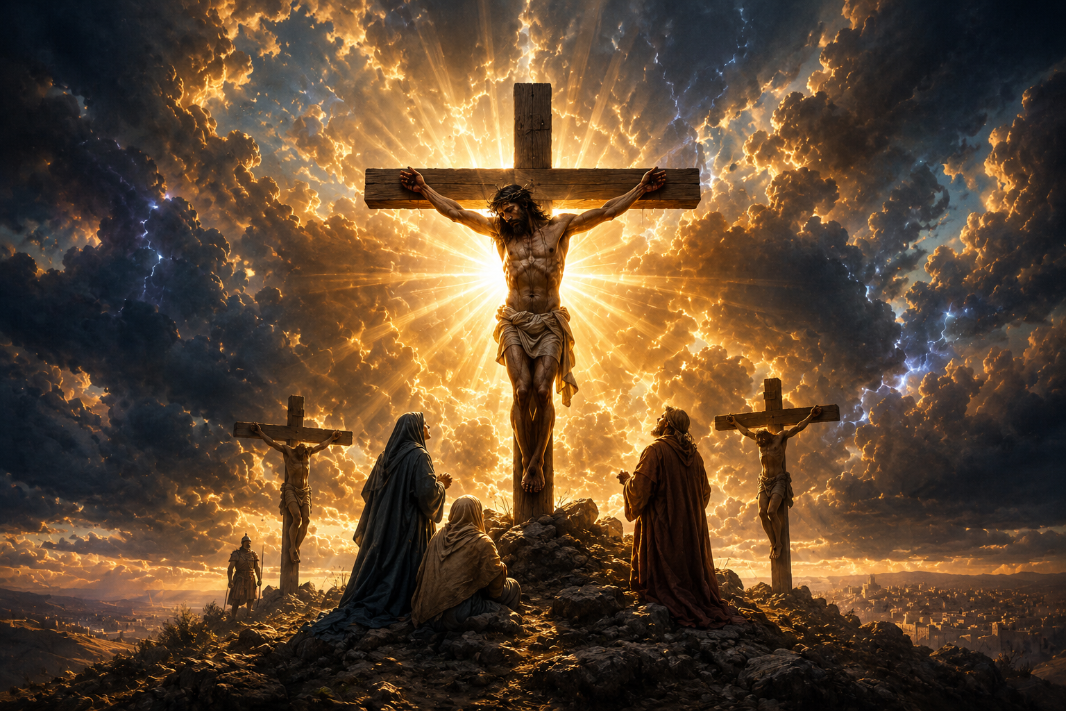 A vivid cross scene representing Christ's sacrifice at the center of redemption history